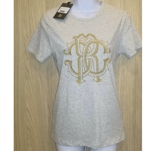Cavalli grey cotton T-shirt gold embroidery logo L - Picture 2 of 8